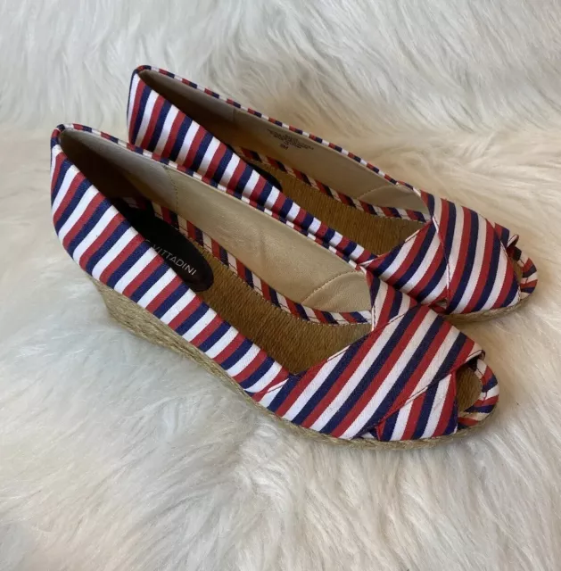 Adrienne Vittadini Red/white Blue Stripes Espadrille Wedge Sz 9 “Bailee” Womens