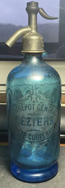 Siphon Ancien Verre Bleu Coopérative Des Limonadiers De Beziers Entrepôt Central