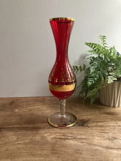 Red and Gold Glass Murano Vase Tall Vintage Prop Home Decor Table Decoration