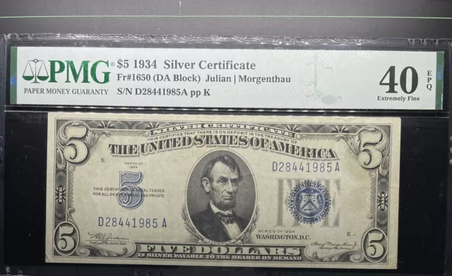 $5 1934 Silver Certificate Fr#1650 (DA Block) Blue 5 Extremely Fine