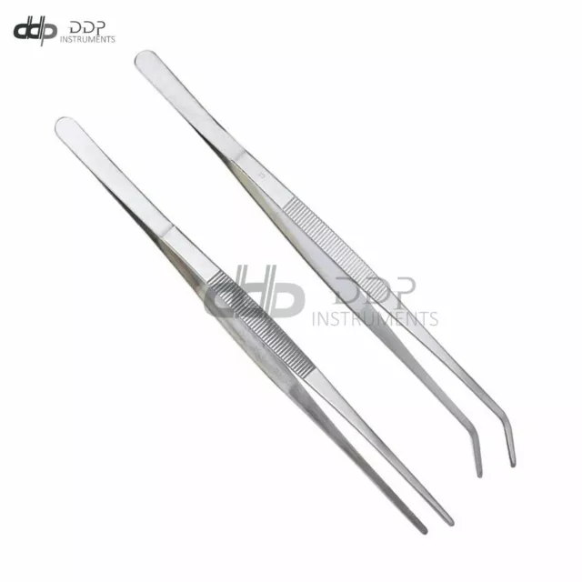 Set of 2 Handy Tweezers 10" Extra-Long Instruments Forceps Straight & Curved
