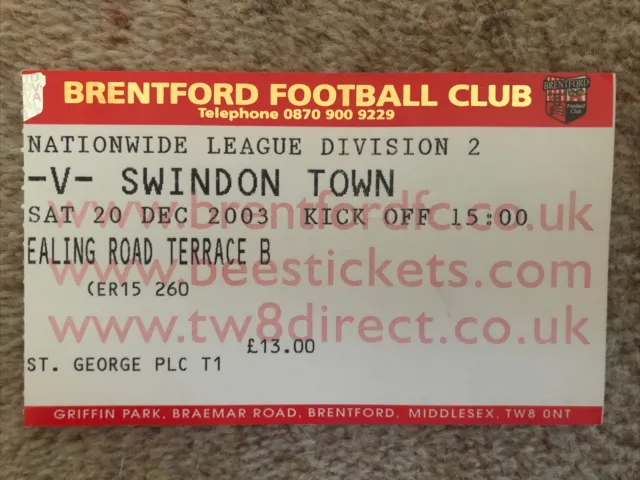 2003/04 Brentford v Swindon Town - Division Two - Match Ticket