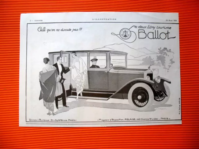 PUBLICITE DE PRESSE BALLOT AUTOMOBILE TOURISME ILLUSTRATION RENé VINCENT AD 1924