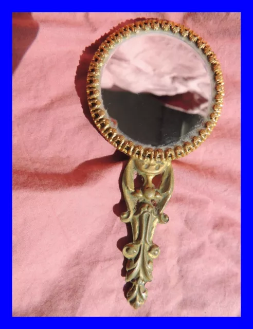 Ancien Miroir Face A Main De Courtoisie En Bronze Et Porcelaine