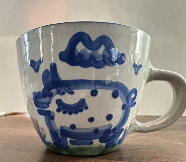 Vintage MA HADLEY Stoneware Pottery Blue PIG The End Cup Flaw