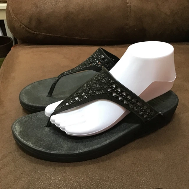 Fitflop Black Lulu Faux Crystal Embellished Toe-Post Sandal Size 9.5