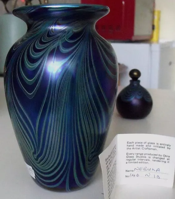OKRA ENGLAND Iridescent Blue Nebula Swirl Glass Vase 17cm Certificate