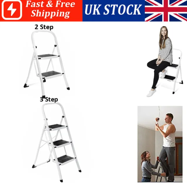 2 3 Step Ladder Portable Compact Folding Metal Non Slip Stool Heavy Duty Iron
