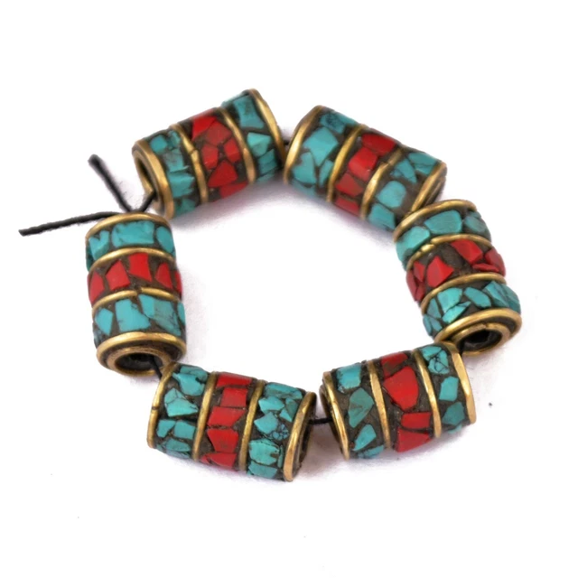 Turquoise Coral Brass 6 Beads  Tibetan Nepalese Ethnic Tribal Handmade BD23