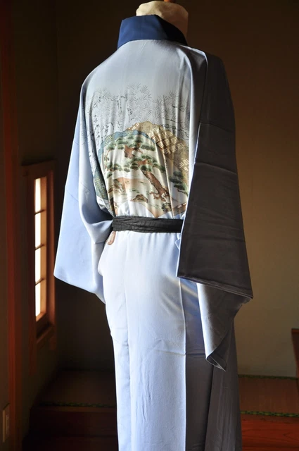 Vintage Japanese Kimono Silk Men’s Juban Fan form/Pine tree/ Tea utensils Blue