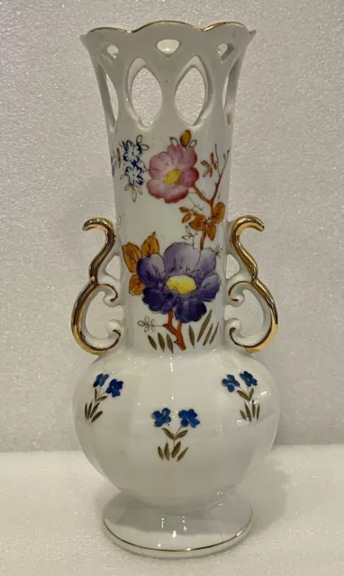 Vintage Handpainted Floral Gilded Double Handle Bud Vase Made in Occupied Japan