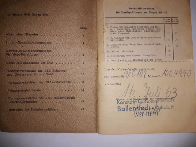 Originales Ddr Garantieheft Für Moped Sr 2 E   Von 1963     Schaut Mal 2