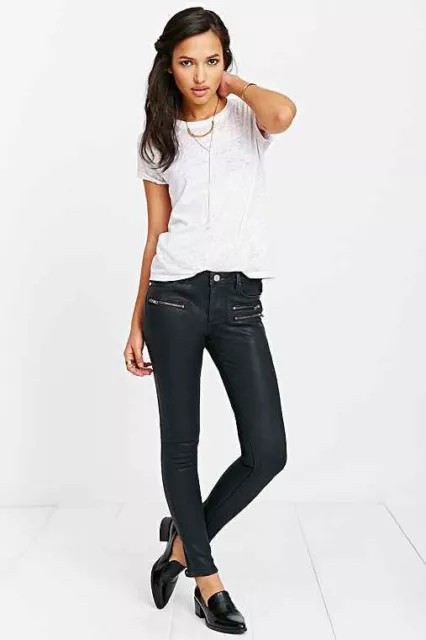 Nwt $167 Zoe Karssen Black Wax Coated Rock N Roll Slim Skinny Ankle Jeans 25