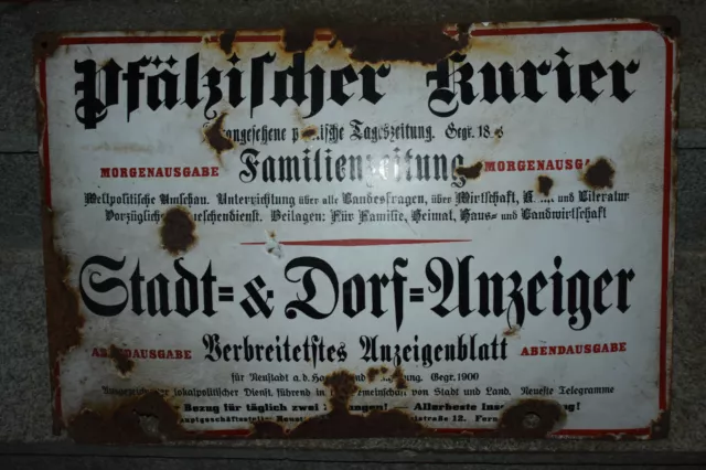 Original Altes Emailschild Kaiserreich Pfälzischer Kurier,Zeitung,Propaganda,Top