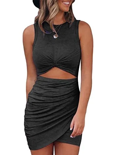 Acelitt Women's Ladies  Sleeveless Hollow Out Twist Front Bodycon Dress Wrap