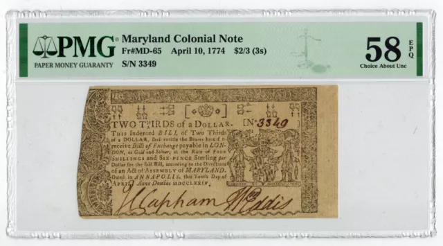 April 10, 1774 MARYLAND $2/3 Colonial Currency PMG 58EPQ