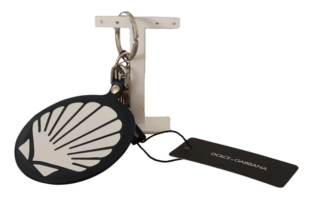 Dolce & Gabbana Black Leather Shell Metal Silver Tone Keyring Keychain One Size