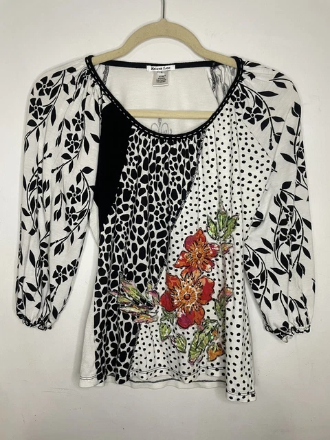 Krista Lee Womens Top Small White Black Floral Beaded 3/4 Sleeve Rayon Stretch