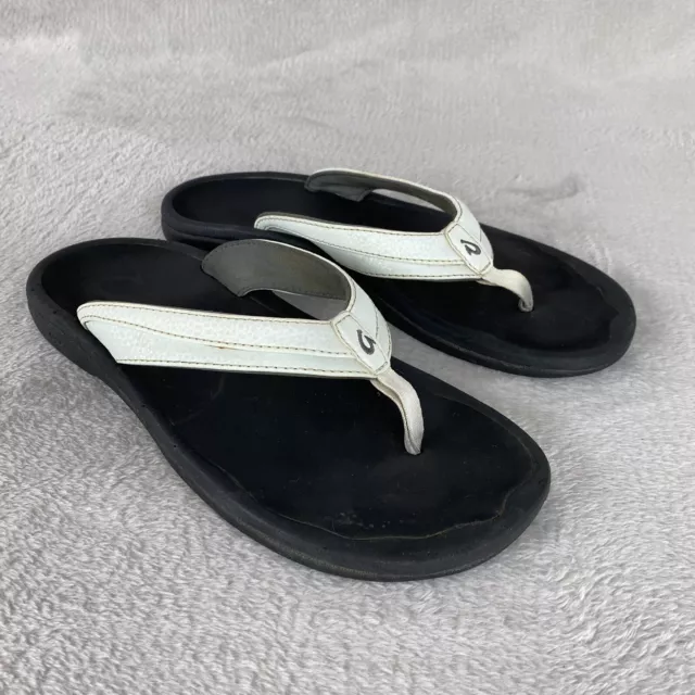 OLUKAI Ohana Women's Flip Flop Sandals Size 9 White Black Thong Beach Water