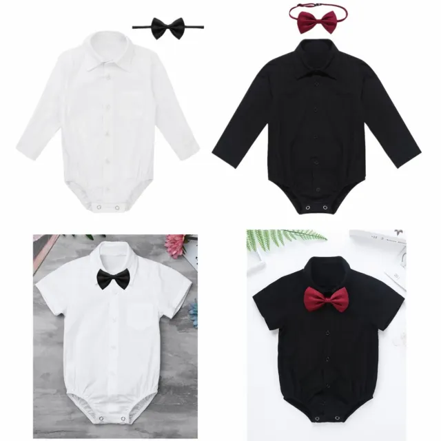 Baby Boys Formal Gentleman Shirt Suit Romper Jumpsuit Bodysuit Black Bow Tie Set
