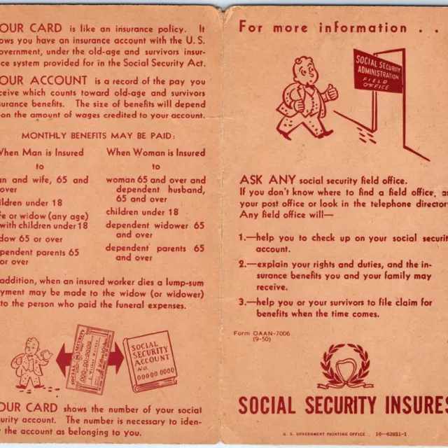 1950 Social Security Insurance Folding Pamphlet US Government Printing Office 5Q