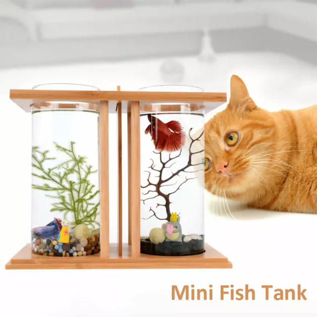 Bamboo Base Mini Fish Tank Goldfish Betta Aquarium Home Office Desktop Decorate