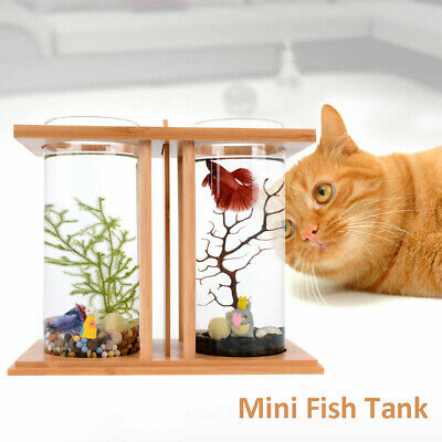 Desktop Decoration Fish Tank Aquarium Dual Glass Bamboo Base Betta Fish Tank NEW