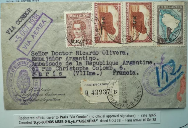 Argentina 5 Oct 1938 Regist. Official Airmail Cover From Buenos Aires To France