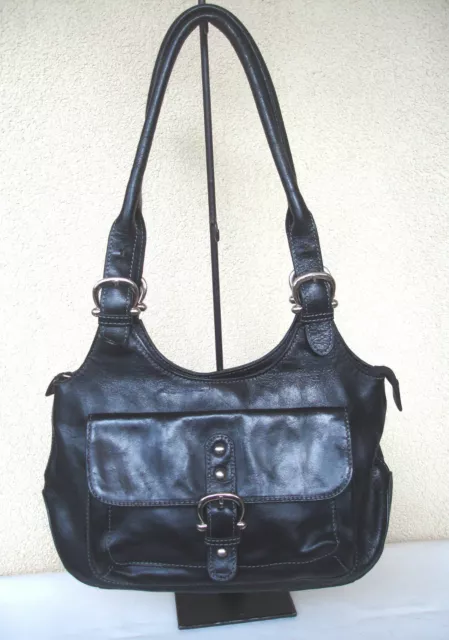 Sac Porte Epaule En Simili Cuir Noir Boucles Argentees - Tbe