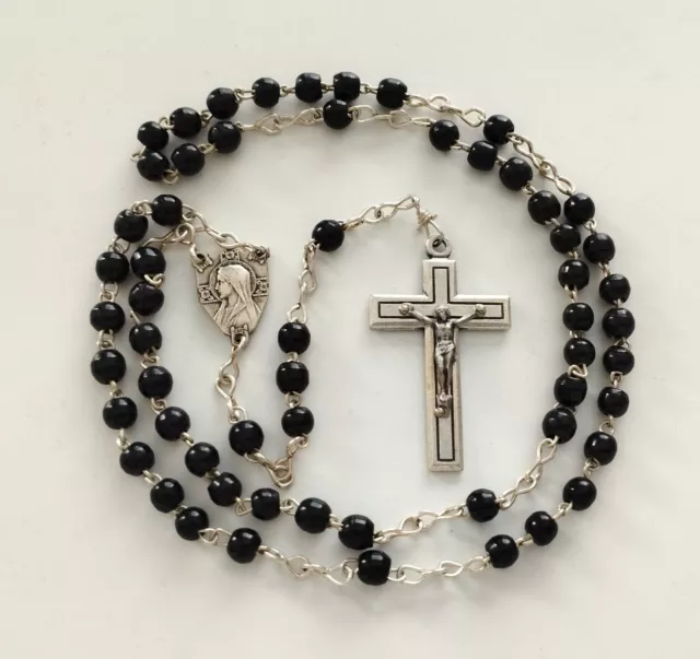 Mama-Estelle Antique Rosary Virgin 59 Beads Glass Round Black