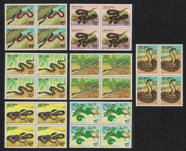 VIETNAM SNAKES 7V Corner Blocks of 4 1988 MNH SG#1191-1197 MI#2029-2035 ...