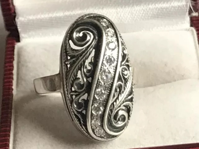 Big Antique Soviet Russian Etched Ring Sterling Silver 925 Zircon Women Size 9.5