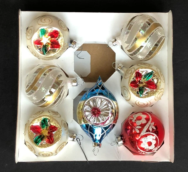 Christmas Ornaments LOT 7 Indent Glass Ball Red Green Gold Glitter Holly Vintage