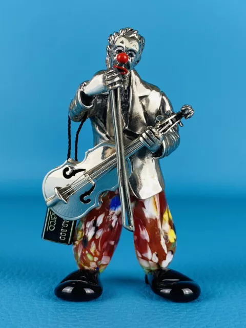 Vittorio Angini Statua Pagliaccio Con Violino Argento 800 E Vetro Di Murano 9cm