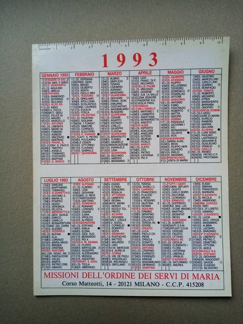 Calendarietto plastificato  Missione Ordine di Maria 1993