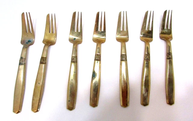 Set Seven 7 Vintage Thailand Solid Brass Asian Small 6" Long Seafood Forks