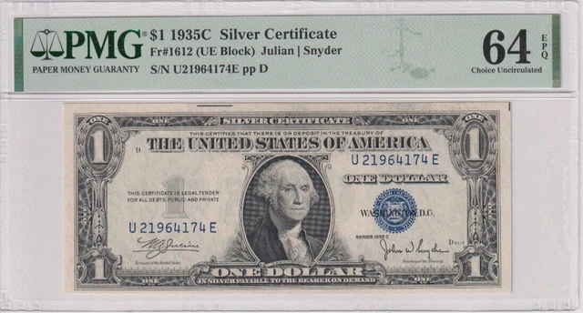 Fr 1612 1935C $1 SC U21964174E PMG 64EPQ CH CU 1935-C Silver Certificate