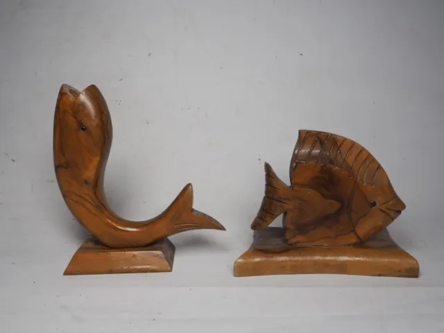 2 x Mid Century Wooden Fish with Bases - Hand Carved