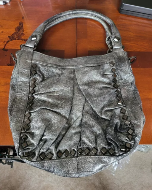 Treesje Pleted Jewel Trim Metallic Leather Handbag Purse Treesje Pleted Jewel Trim Metallic Leather Handbag Purse
