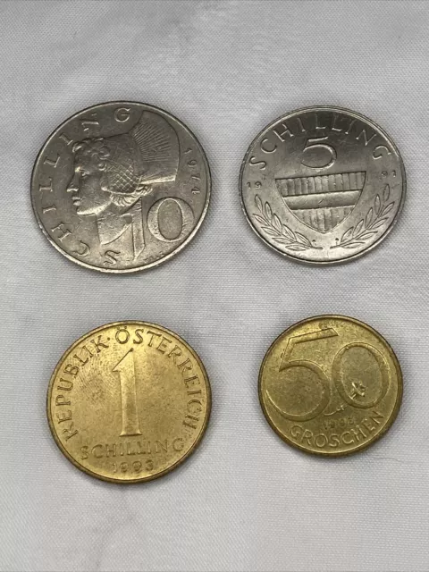 Lot of 4 Austria coins: 1 (1993), 5 (1991), 10 (1974) Schilling & 50 Groschen