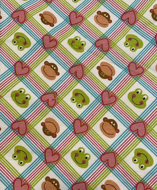 Fun Monkey Frog Face Heart Stripe Cutter Fabric 18" x 41" Uncut Piece 1/2 Yard