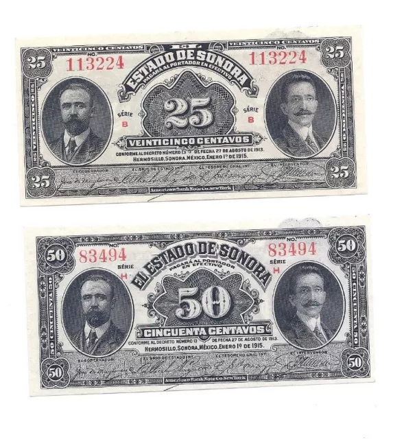 Mexican Revolution El Estado de Sonora 25 & 50 Centavos Banknote Lot Mexico SET