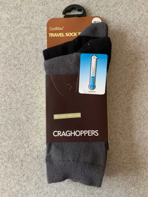 2 x CRAGHOPPERS Travel Socks : size 6-8 UK : black & elephant grey : CoolMax