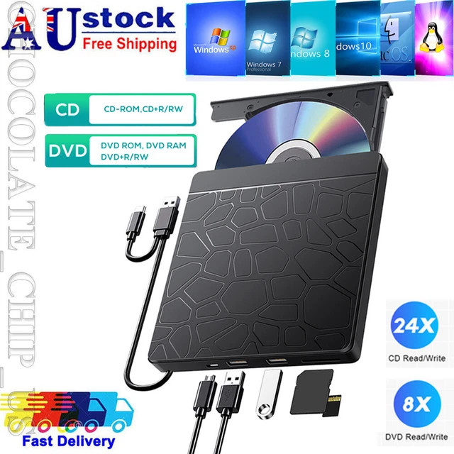 5-in-1 External DVD CD RW Type C+USB 3.0 Disc Burner Drive Reader Windows Laptop