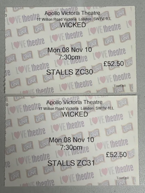 Apollo Victoria Theatre WICKED Pair Of Used Tickets - 8th November 2010