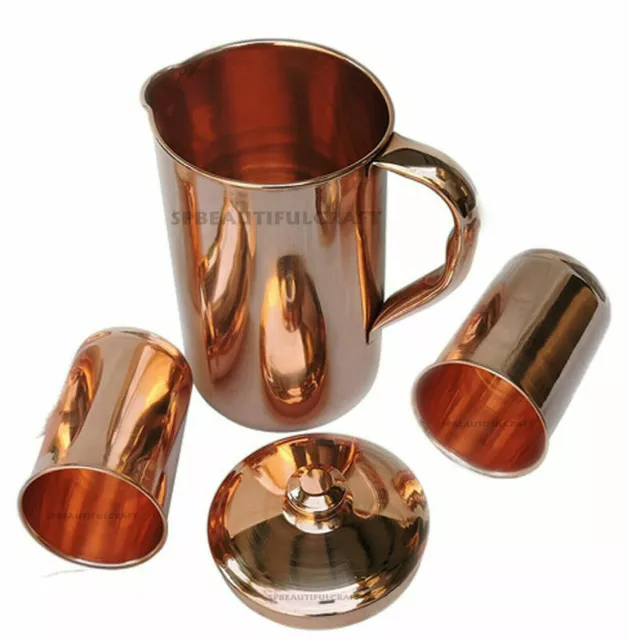 Handmade Pure Copper Water Jug Pitcher 2 Drinking Tumbler Glass Health Benefits