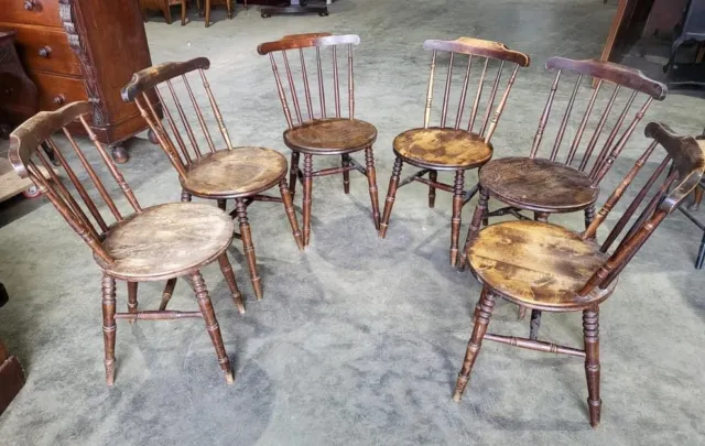 Six antique penny dining chairs kitchen chairs round seats turned legs spindle