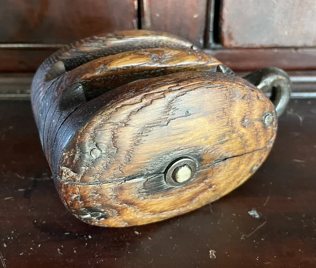 Antique Maritime Block & Tackle Double Pulley, Oak & Iron, American Circa 1900