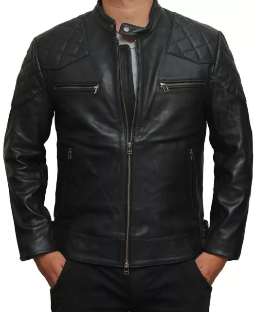 Mens New Fashioned BECKHAM Black Quilted Retro Biker Leather Jacket DRF17