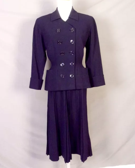 vintage 40s Lockharts Navy Blue Gabardine 2 Pc Peplum DB Suit Jacket & Skirt 6/8